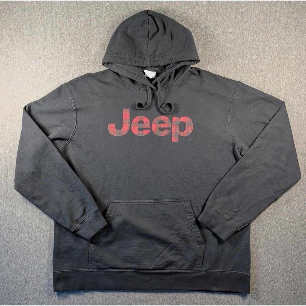 Port & Company Jeep Hoodie Mens XL Black Excellent Buffalo Plaid Spellout